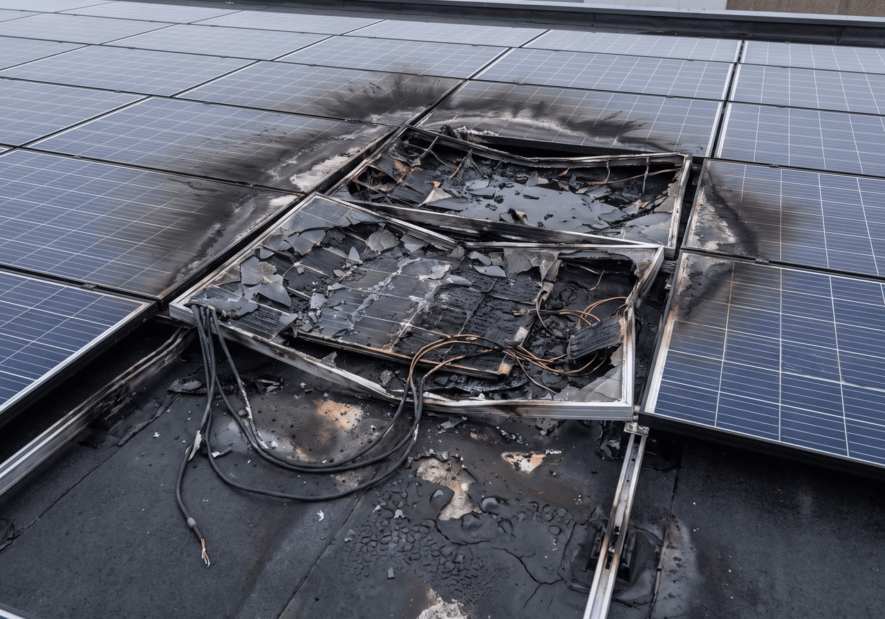 Ausgebrannte Module einer Aufdach-Photovoltaikanlage auf einem Flachdach, Brandursachenermittlung durch Sachverständige